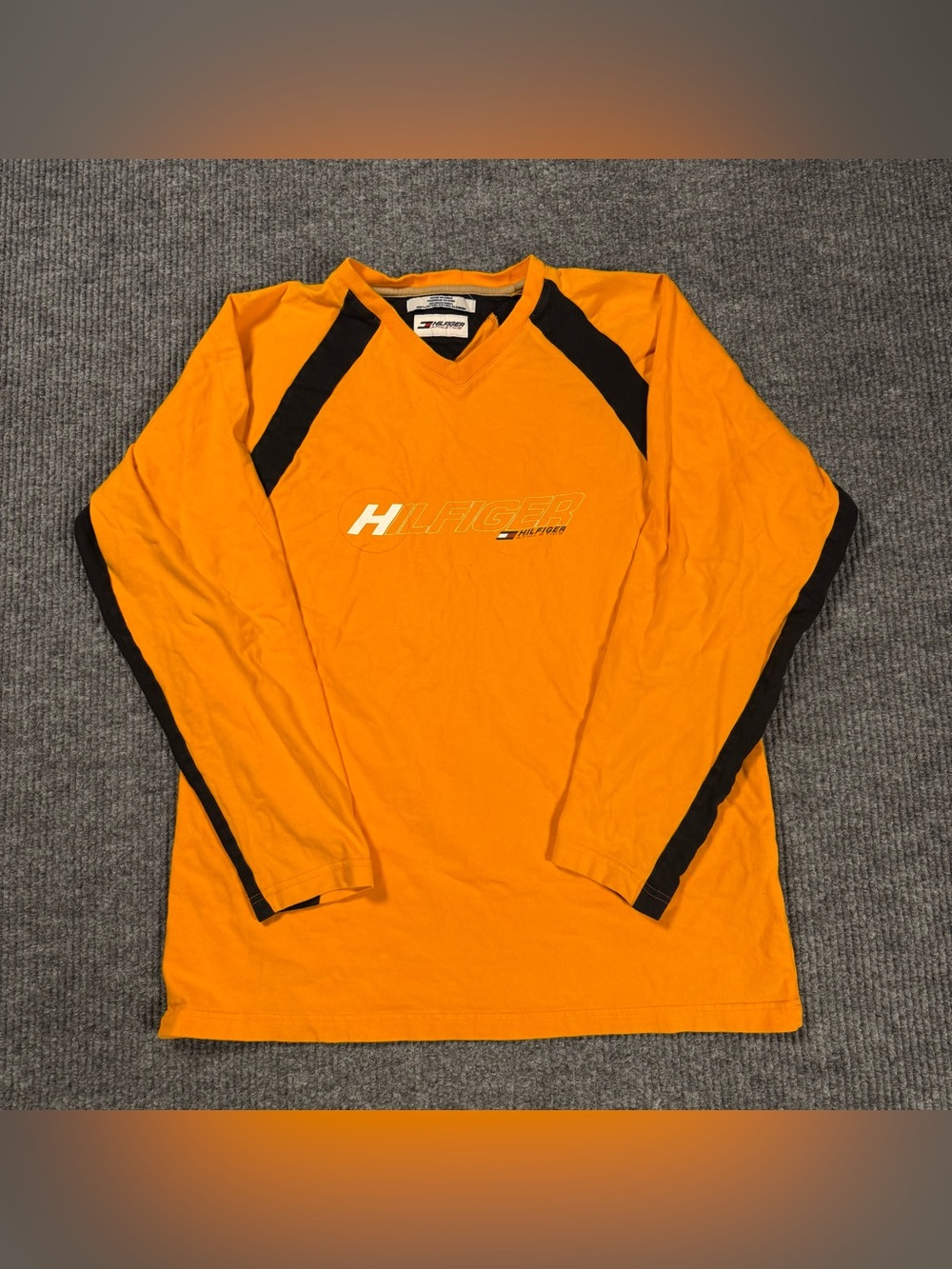 Vintage Tommy Hilfiger Shirt Mens Large Orange Pullover Long Sleeve V Neck Y2K